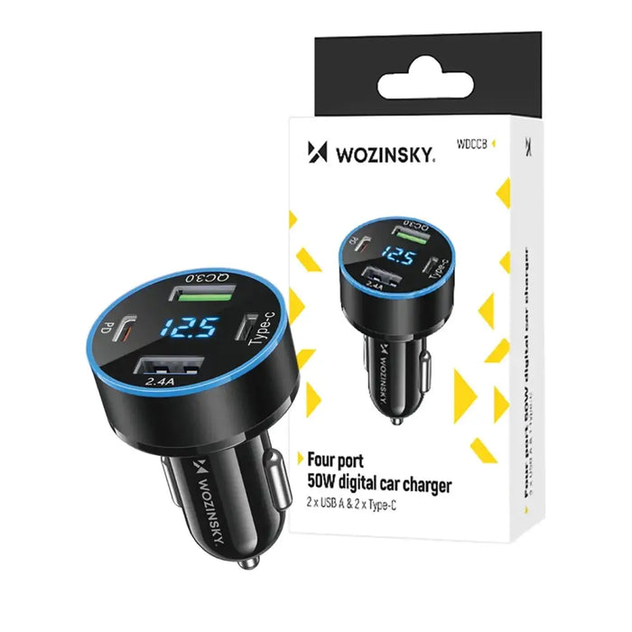 Wozinsky WDCCB Car Charger with Display 50W 2xUSB-C / 2xUSB-A - Black - Cell phone USB charger<<<HurtelXML