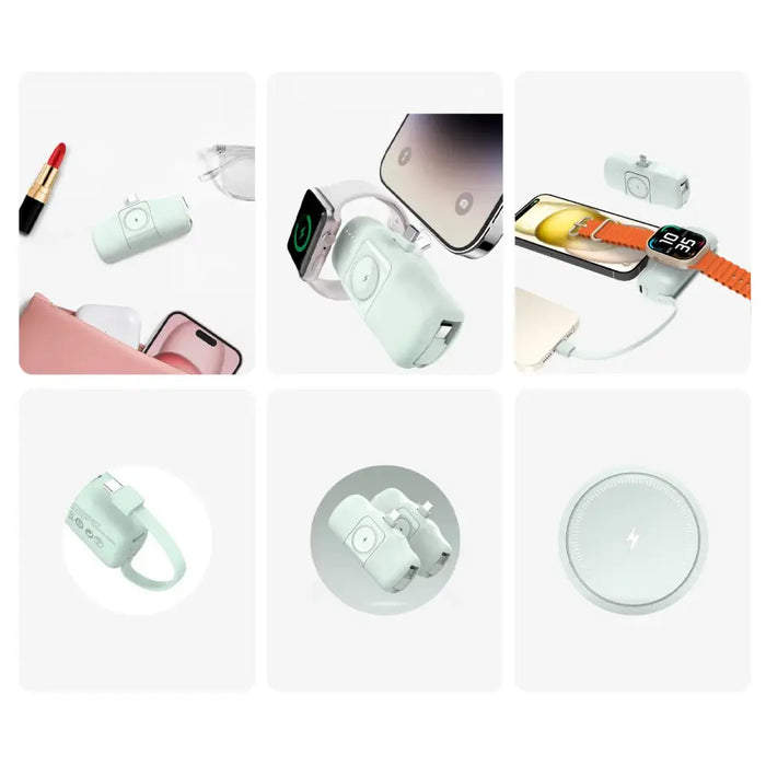 Wozinsky WF16-YCS 5000mAh 15W USB-C Mini Power Bank with Built-in USB-C Cable and Apple Watch Charger - Green