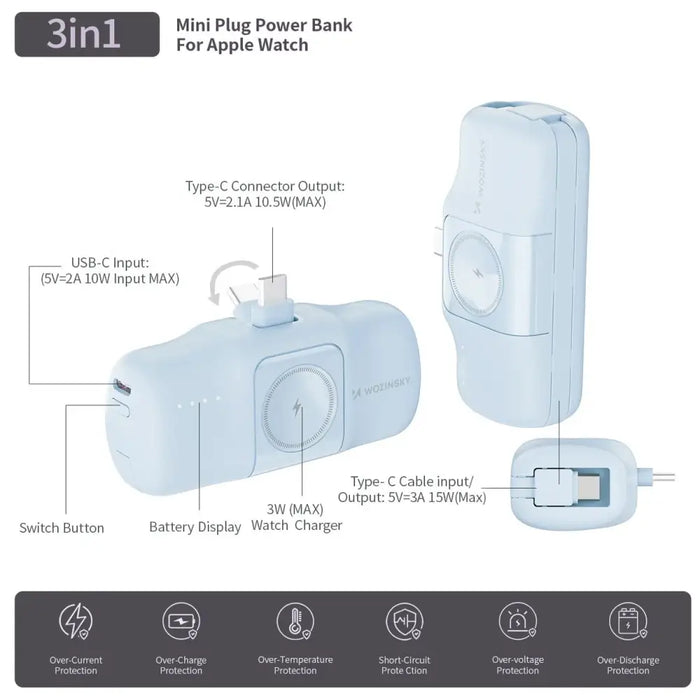 Wozinsky WF16-YCS 5000mAh 15W USB-C Mini Power Bank with Built-in USB-C Cable and Apple Watch Charger - Blue