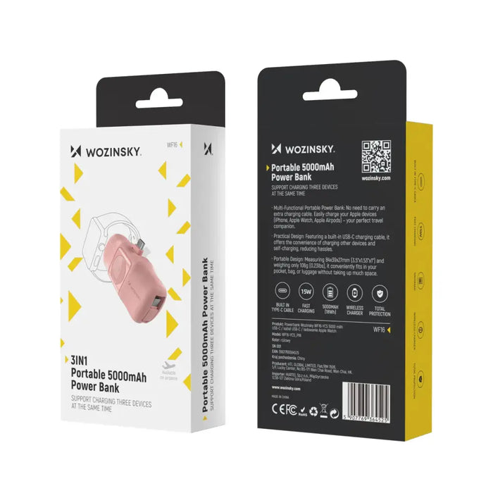 Wozinsky WF16-YCS 5000mAh 15W USB-C Mini Power Bank with Built-in USB-C Cable and Apple Watch Charger - Pink