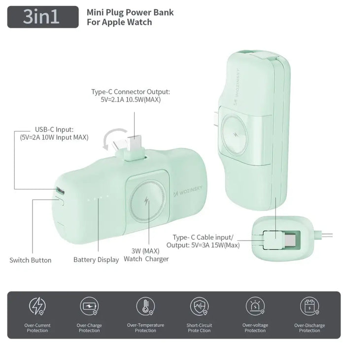Wozinsky WF16-YCS 5000mAh 15W USB-C Mini Power Bank with Built-in USB-C Cable and Apple Watch Charger - Green