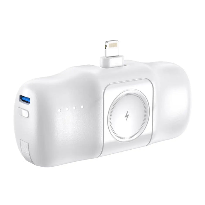 Wozinsky WF16-YLS 5000mAh 15W Lightning Mini Power Bank with Built-in USB-C Cable and Apple Watch Charger - White