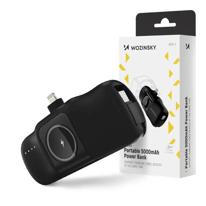 Wozinsky WF16-YLS 5000mAh 15W Lightning Mini Power Bank with Built-in USB-C Cable and Apple Watch Charger - Black