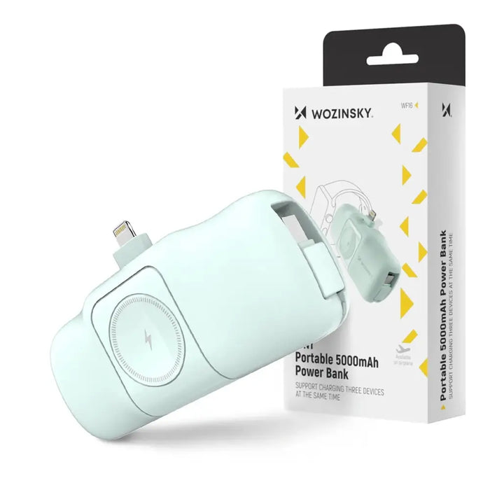 Wozinsky WF16-YLS 5000mAh 15W Lightning Mini Power Bank with Built-in USB-C Cable and Apple Watch Charger - Green