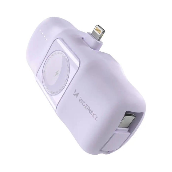Wozinsky WF16-YLS 5000mAh 15W Lightning Mini Power Bank with Built-in USB-C Cable and Apple Watch Charger - Purple