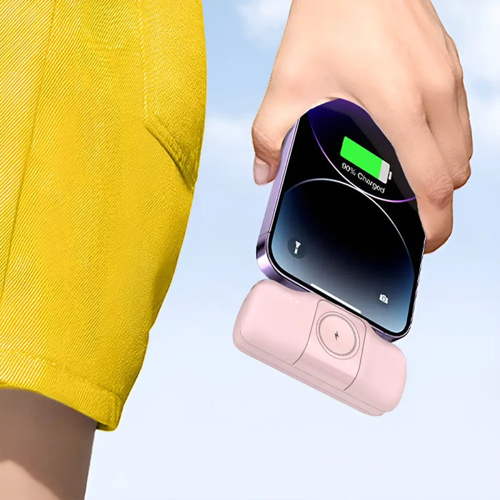 Wozinsky WF16-YLS 5000mAh 15W Lightning Mini Power Bank with Built-in USB-C Cable and Apple Watch Charger - Pink