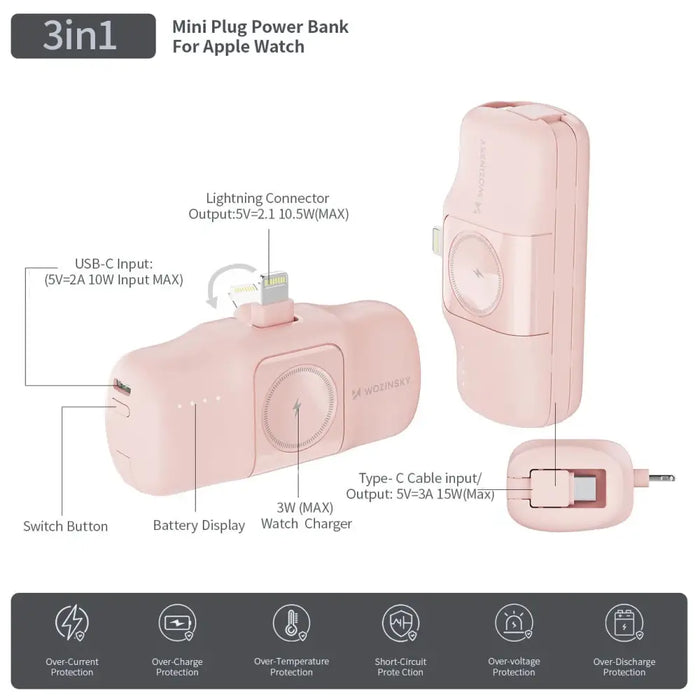 Wozinsky WF16-YLS 5000mAh 15W Lightning Mini Power Bank with Built-in USB-C Cable and Apple Watch Charger - Pink