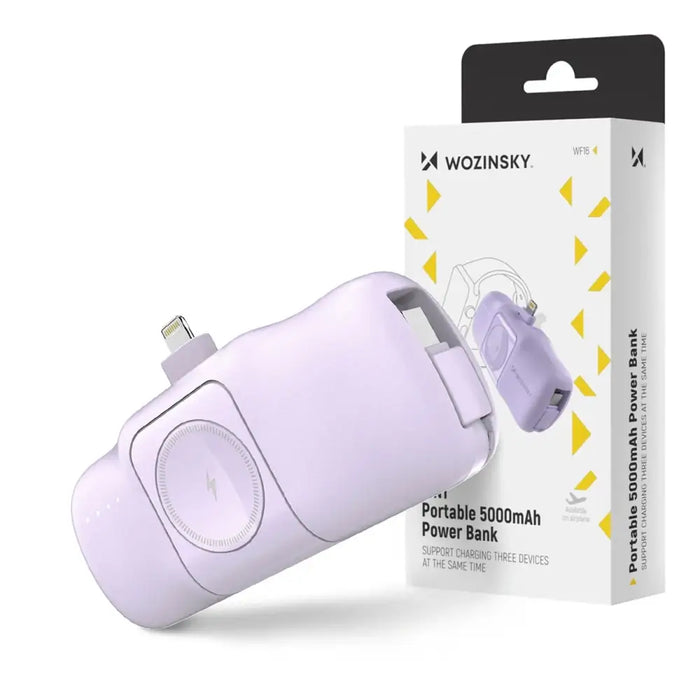 Wozinsky WF16-YLS 5000mAh 15W Lightning Mini Power Bank with Built-in USB-C Cable and Apple Watch Charger - Purple