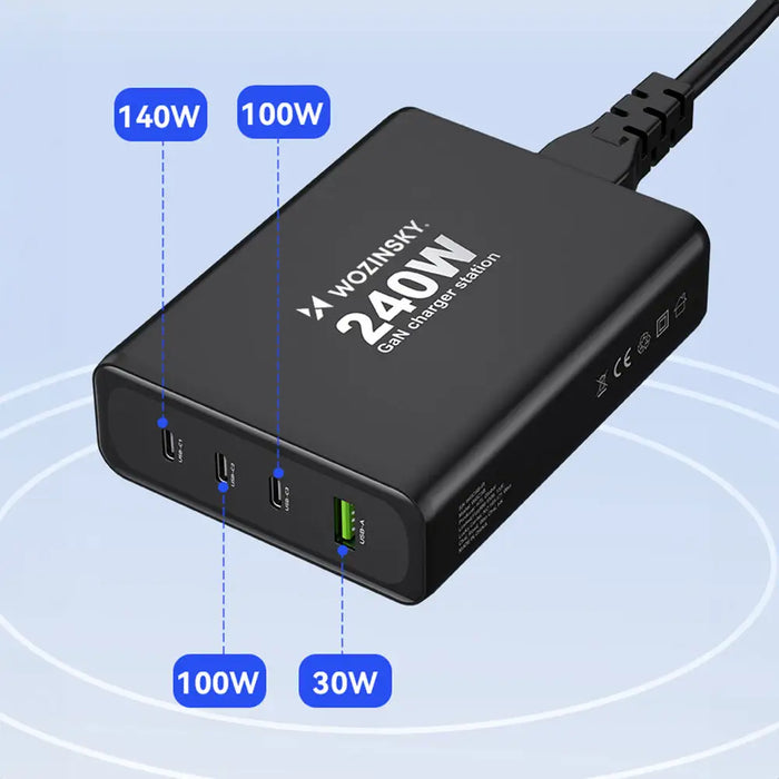 Wozinsky WGCSB 240W GaN Wall Charger USB-A / 3 x USB-C - Black - Cell phone USB charger<<<HurtelXML