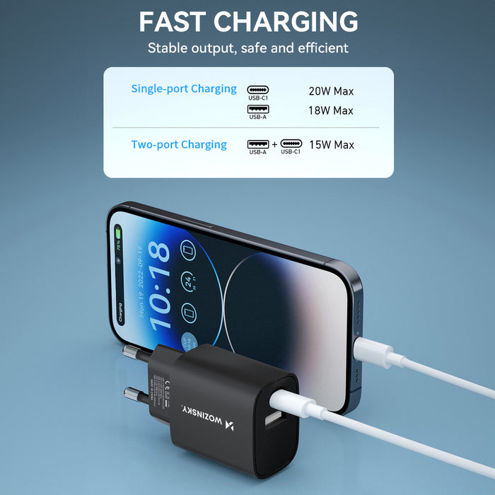 Wozinsky WGWCB USB-A USB-C 20W wall charger - black