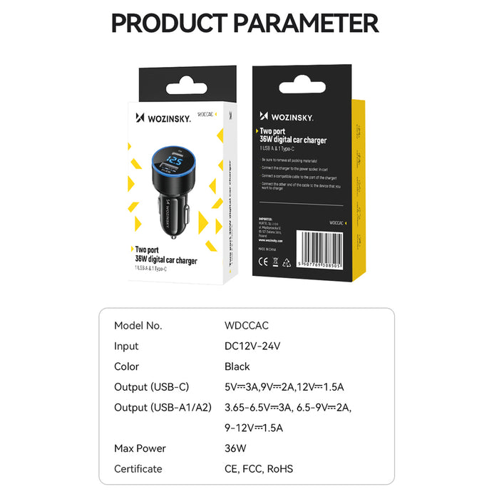 Wozinsky WDCCAC USB-C USB-A 36W car charger - black
