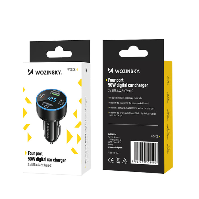 Wozinsky WDCCB Car Charger with Display 50W 2xUSB-C / 2xUSB-A - Black