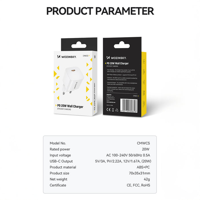 Wozinsky CMWCS USB-C PD 20W wall charger - white