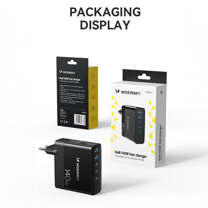 GaN Wozinsky CGWCB 140W Wall Charger 3 x USB-C / 2 x USB-A - Black