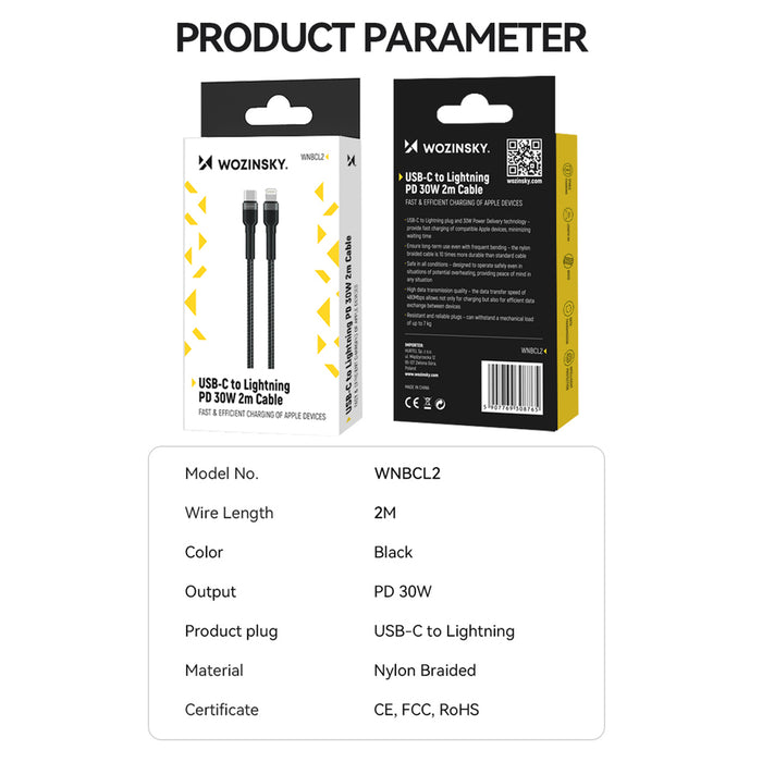 Wozinsky WNBCL2 Lightning / USB-C PD 30W cable 2 m - black