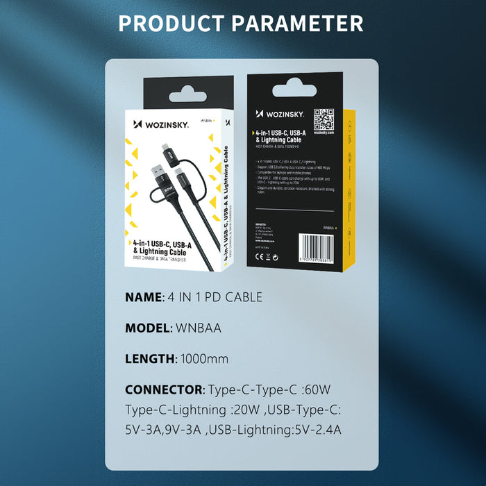 Wozinsky WNBAA 4in1 cable 2x USB-C 1x USB-A 1x Lightning 60W 1 m - black