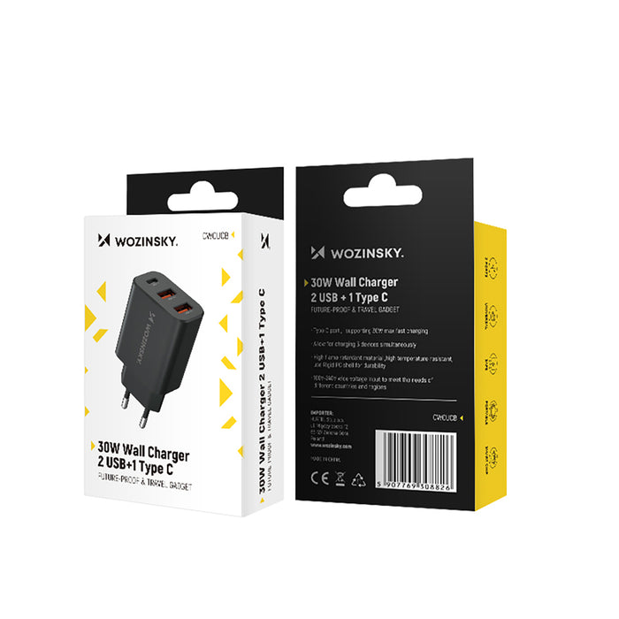 Wozinsky CWCUCB 30W USB-C / 2 x USB-A wall charger - black