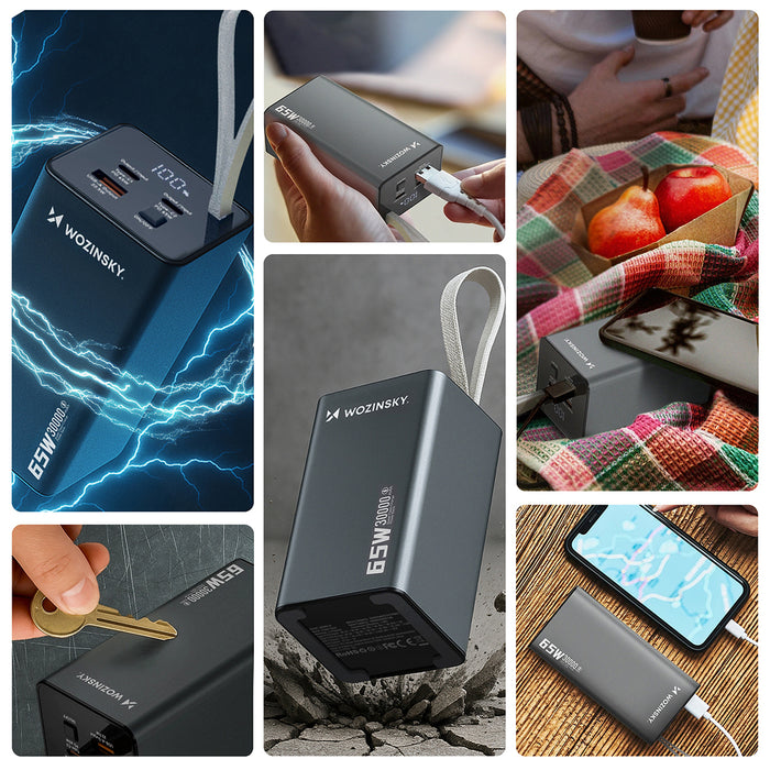 Powerbank Wozinsky K65+ 65W 30000mAh 2x USB-C, 1x USB-A 65W - gray