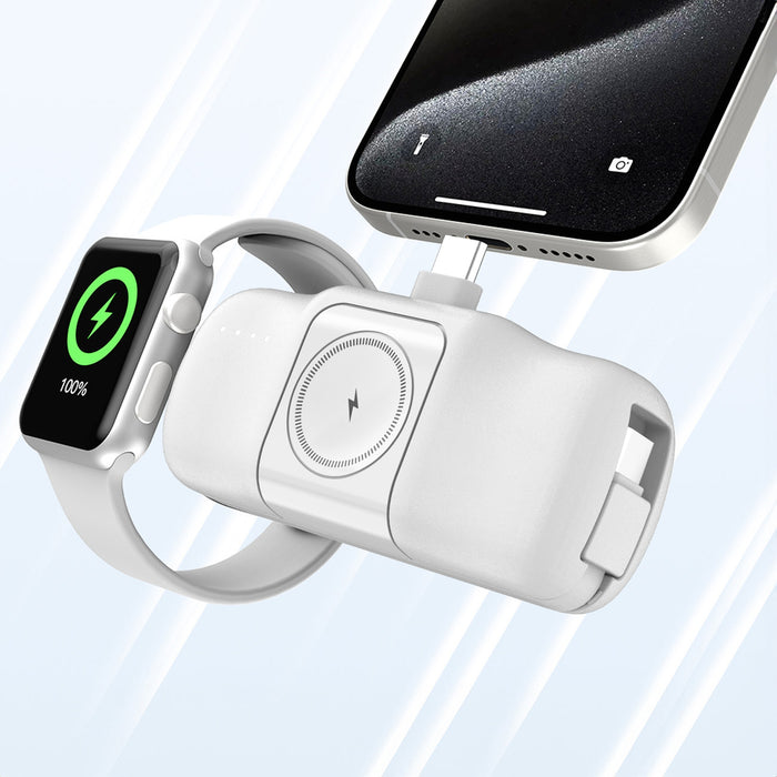 Wozinsky WF16-YCS 5000mAh 15W USB-C Mini Power Bank with Built-in USB-C Cable and Apple Watch Charger - White
