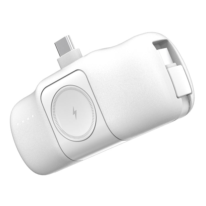 Wozinsky WF16-YCS 5000mAh 15W USB-C Mini Power Bank with Built-in USB-C Cable and Apple Watch Charger - White