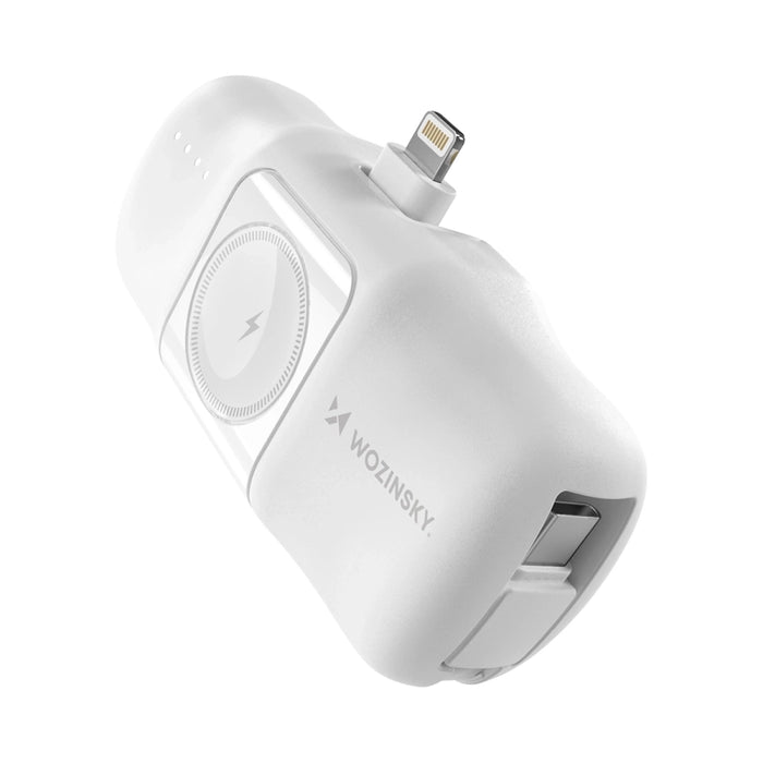 Wozinsky WF16-YLS 5000mAh 15W Lightning Mini Power Bank with Built-in USB-C Cable and Apple Watch Charger - White