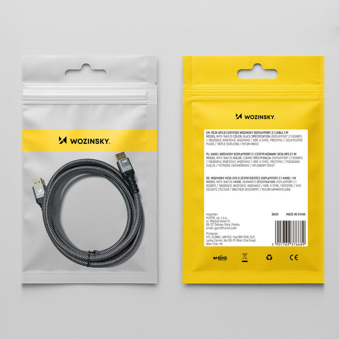 Wozinsky WPS-16AYL2S DisplayPort 2.1 80Gb/s 16K@60Hz 8K@120Hz 4K@240Hz HDR HDCP DSC cable - black
