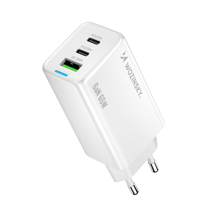 Wozinsky GaN 65W Charger with 2xUSB-C USB Ports with 65W CC Cable - White