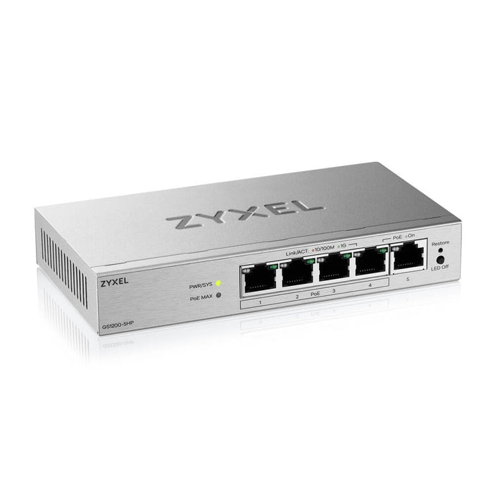 ZyXEL GS1200-5HP v3, 5 Port Gigabit PoE+ webmanaged Desktop Switch, 4x PoE, 68 Watt