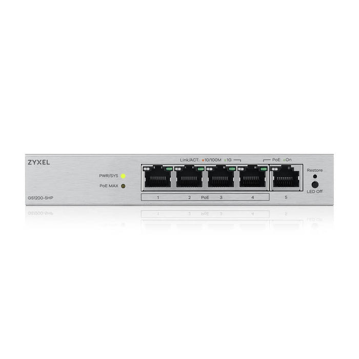 ZyXEL GS1200-5HP v3, 5 Port Gigabit PoE+ webmanaged Desktop Switch, 4x PoE, 68 Watt