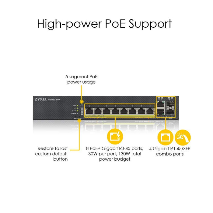 Switch 8-port ZyXEL GS1920-8HPV2, Gigabit, managed, PoE