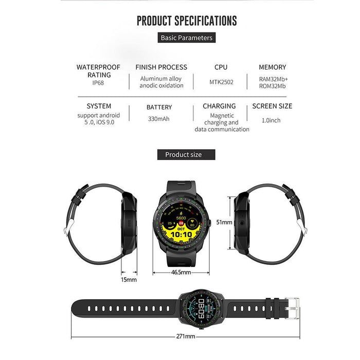 Smart watch KW01. Bluetooth call,  Waterproof IP68, Heart rate, Message Reminder
