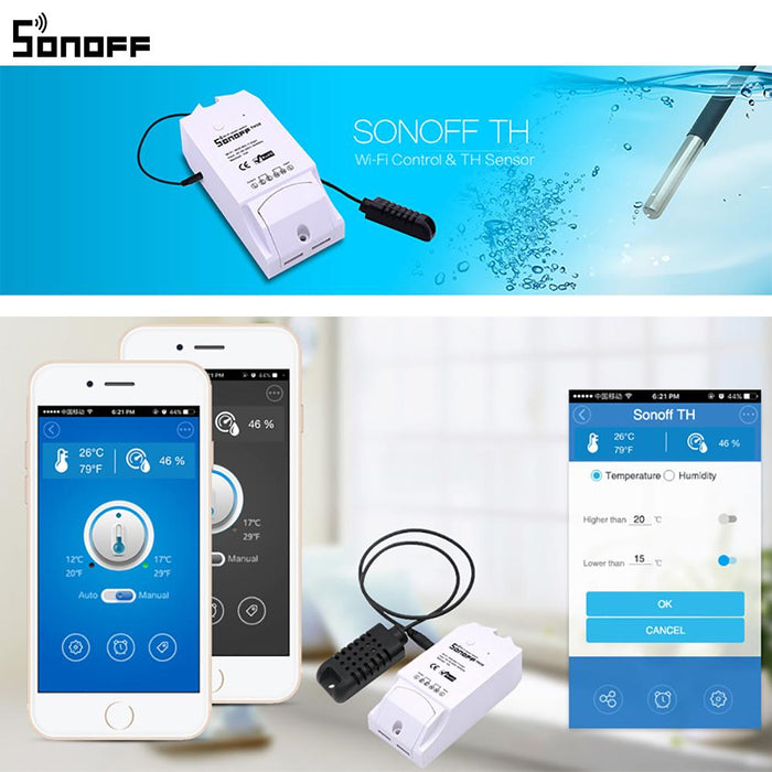 Smart Wi-Fi switch Sonoff TH16, 16A 2200W, with a sensor for temperature and humidity