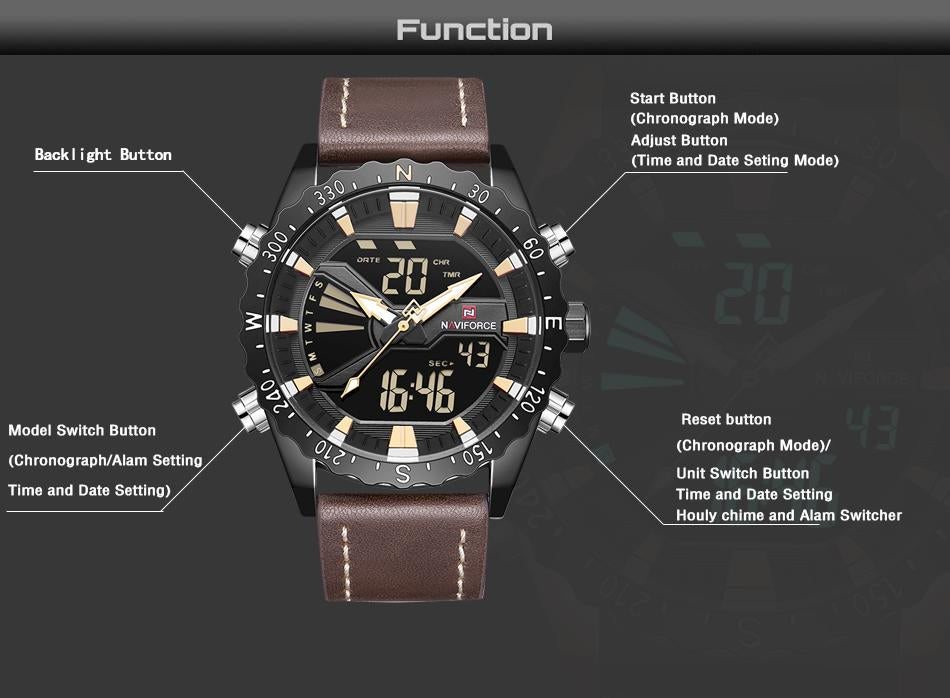 Waterproof male quartz watch with dual display NAVIFORCE 9136
