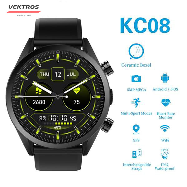Smart Watch Kingwear Vektros KC08, 4G, Android 7.1, iOS, Heart Rate, 5MP Camera, 1GB RAM, 610mAh battery, IP67 Waterproof, Ceramic Hull
